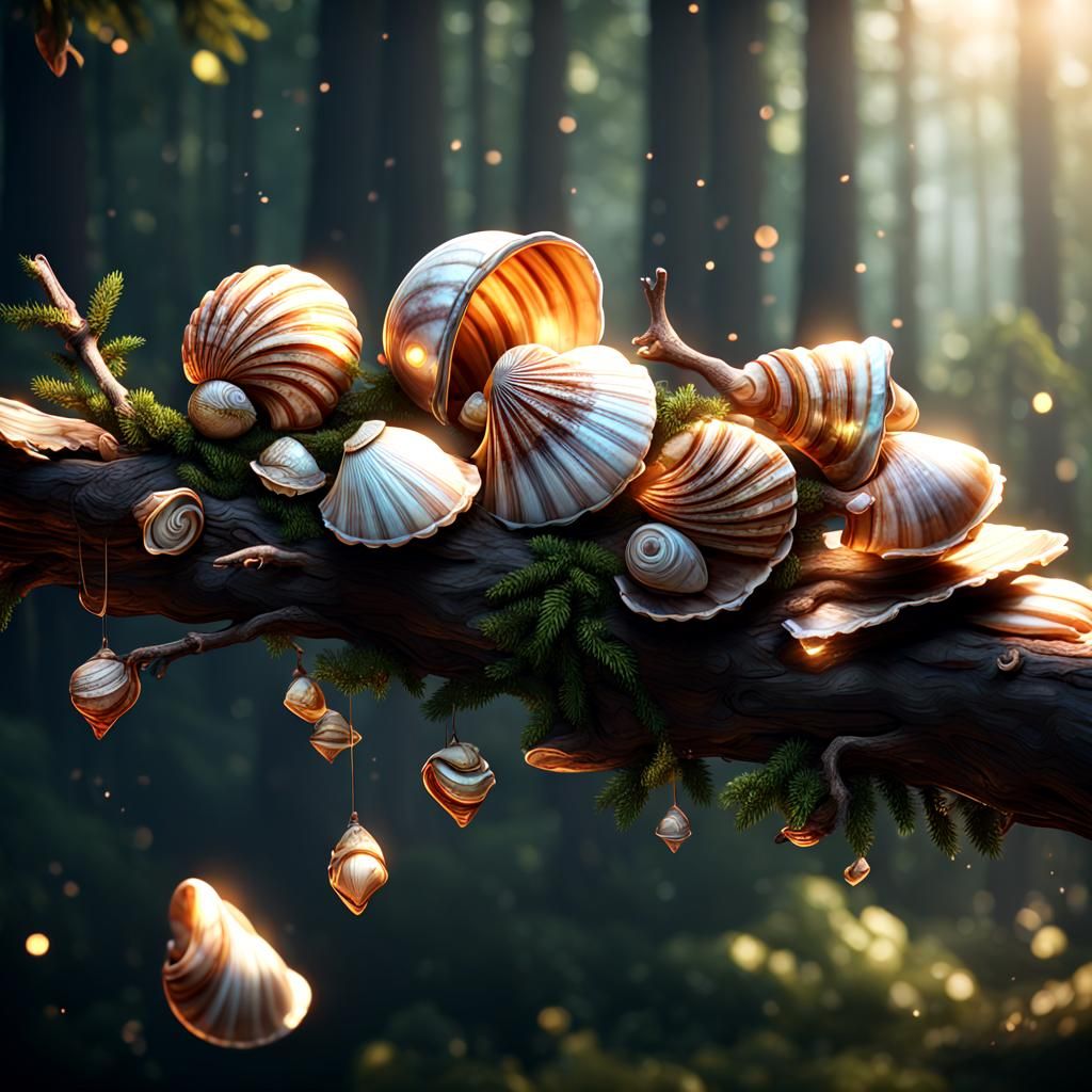 Shells on Branch in Cinematic 3D Style