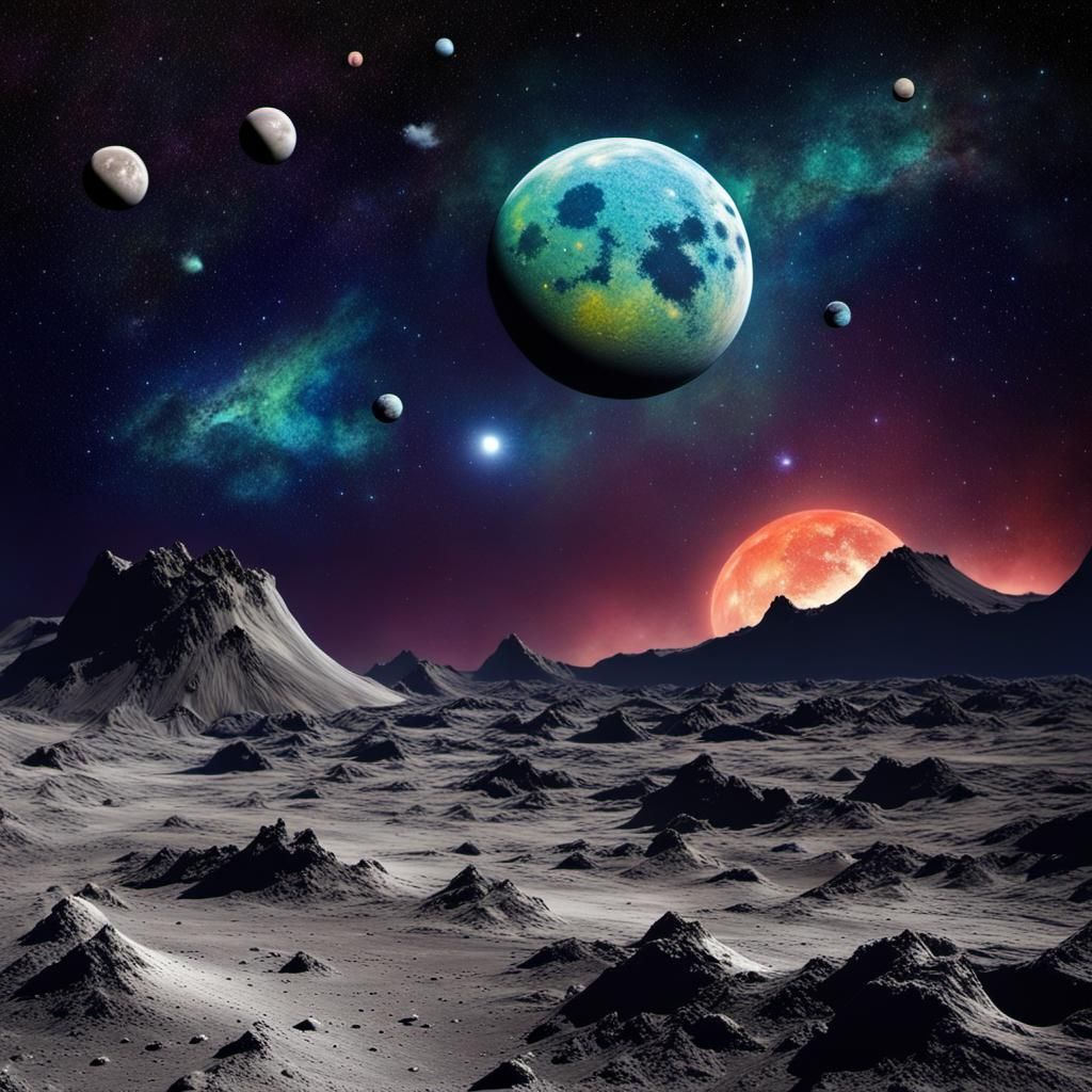 Macro Photograph of Birds on Moon with Starry Sky