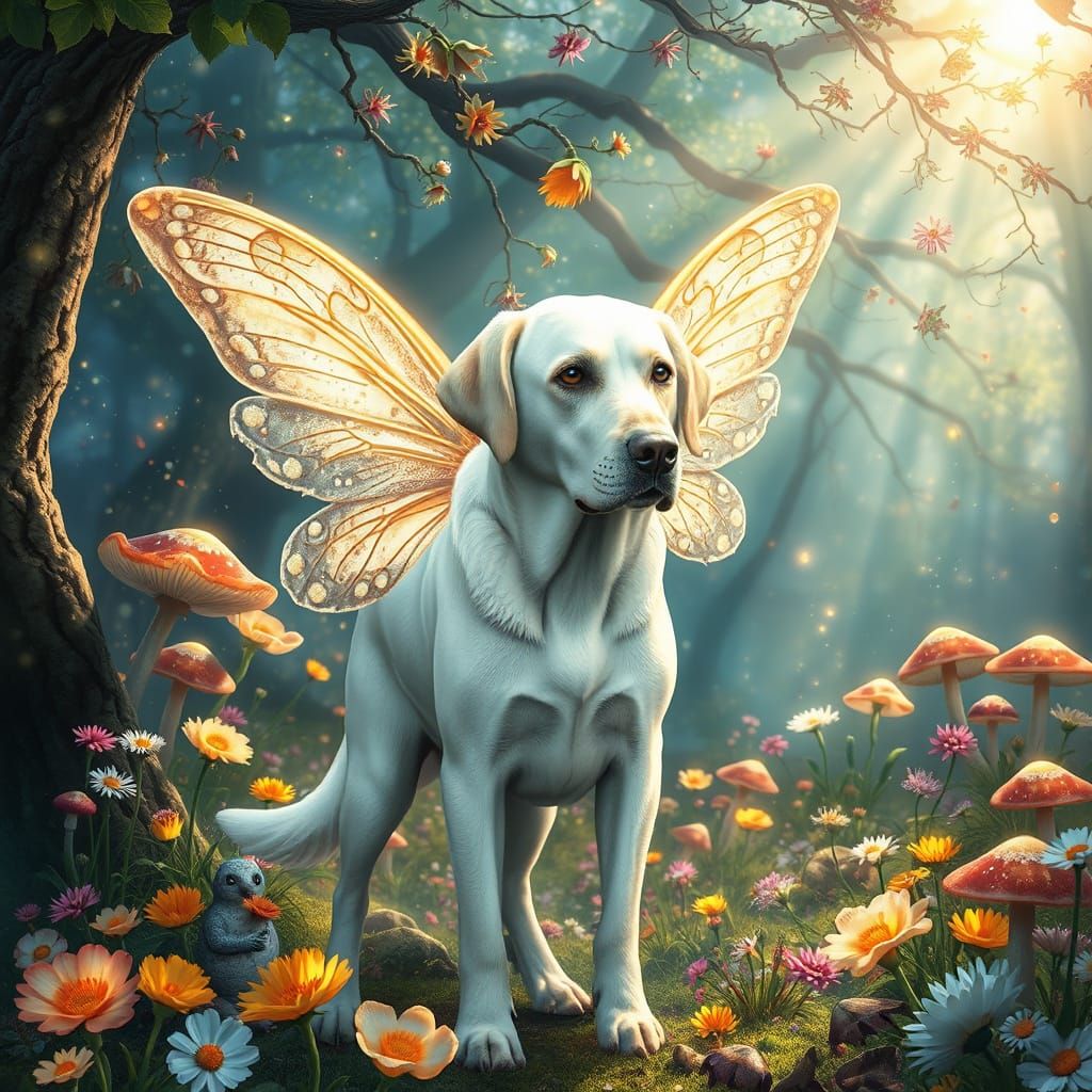 Labrador Retriever-Butterfly Hybrid in Steampunk Forest