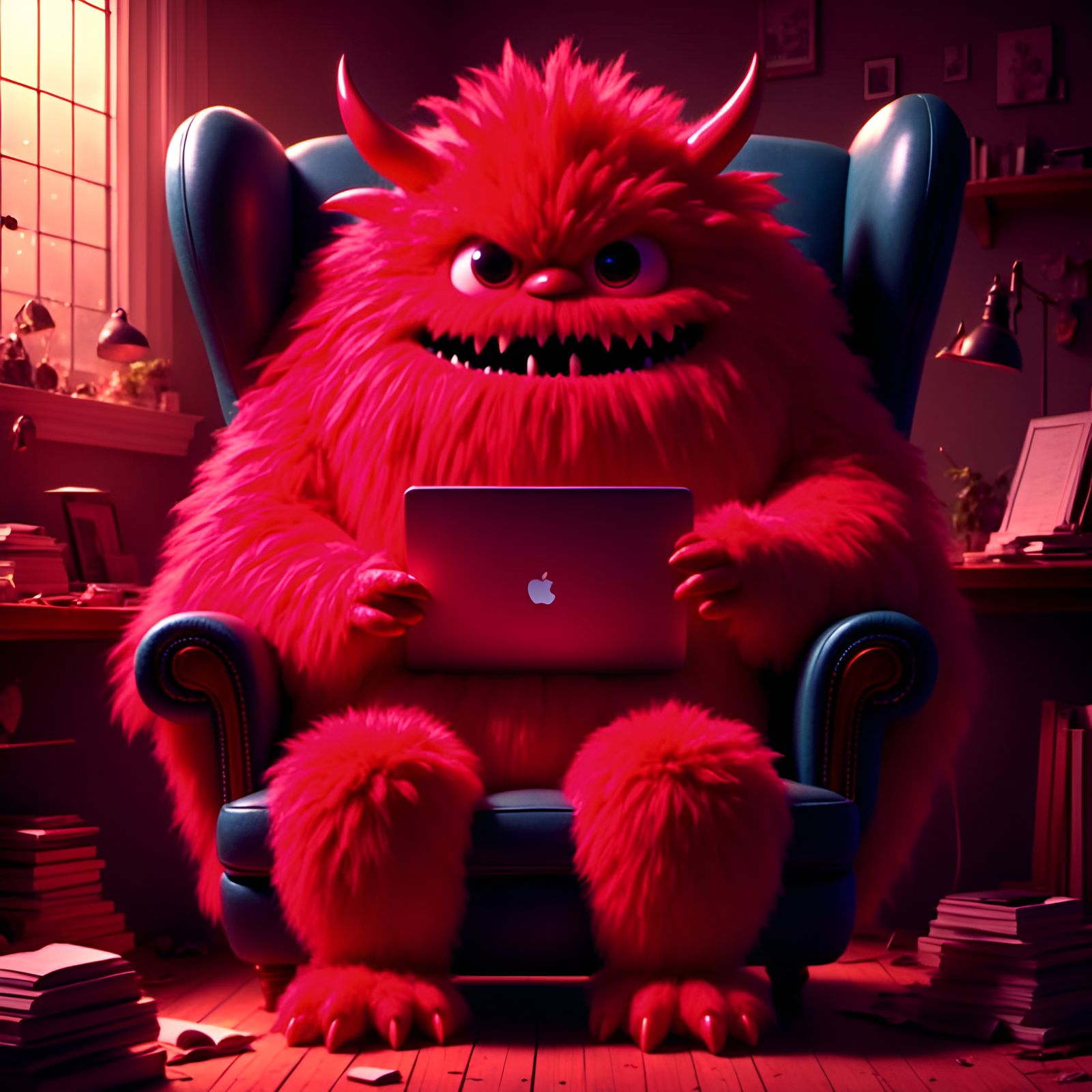 Fluffy Red Monster Portrait in Cartoon Style