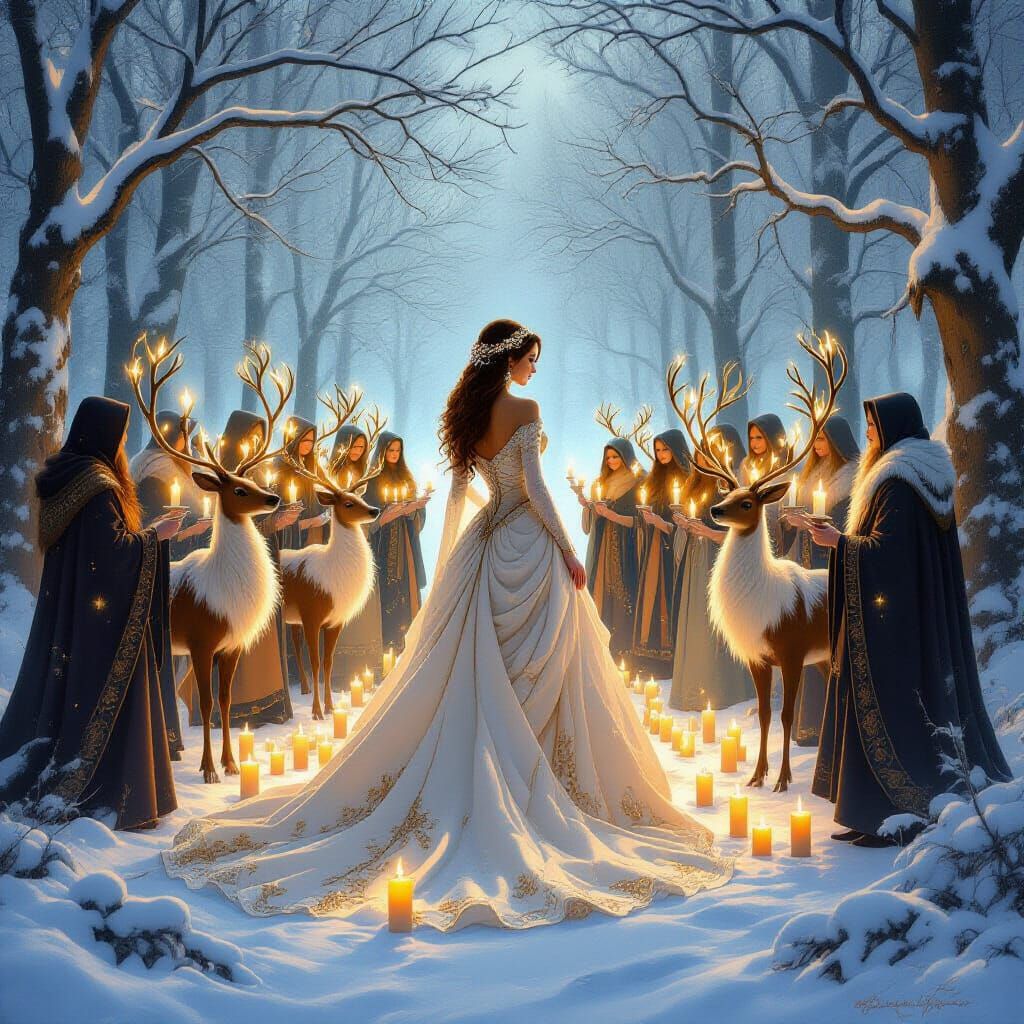 Romantic Winter Forest Scene with Woman and Candlit Choir