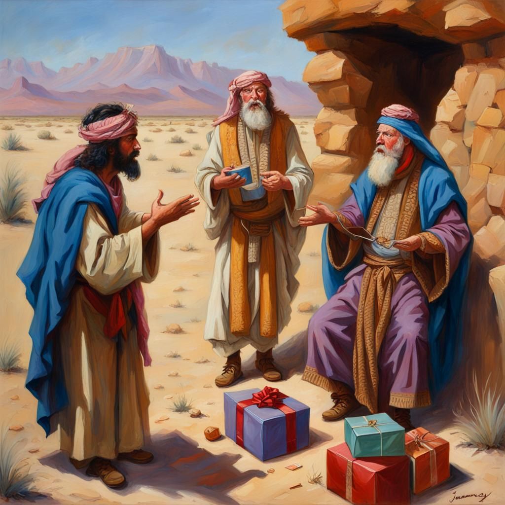 Funny Wise Men Arguing in Desert Painting