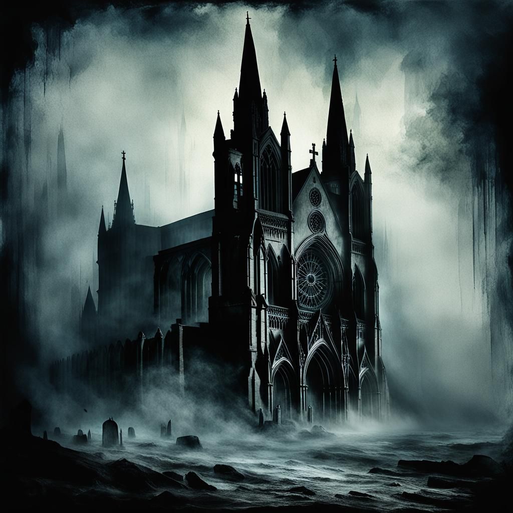 Majestic Gothic Cathedral in Moody, Dark Ink Art