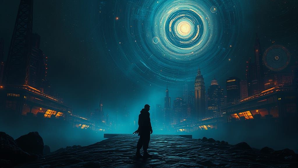 Ethereal Figure at Cosmic Crossroads in Shimmering Darkness