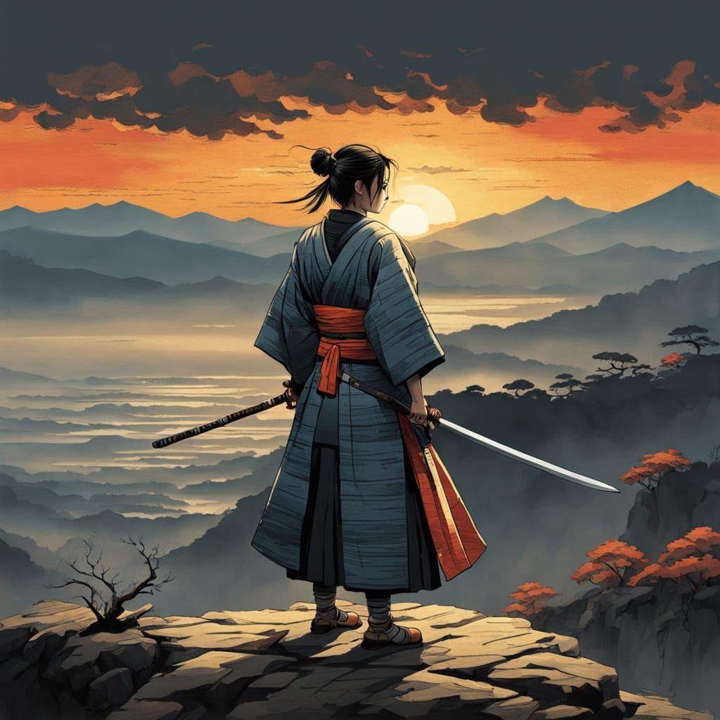 Female Samurai Warrior in Dramatic Sunset Ukiyo-e Style