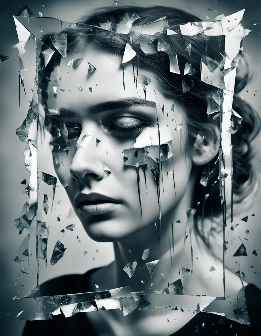 Shattered Mirror: Double Exposure Portrait of Sad Woman