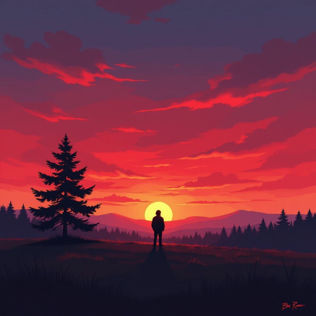 Silhouette Landscape with Red Sky, Blended Artistic Styles