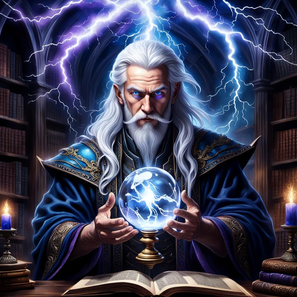 Sorcerer Balances Crystal Orb in Stormy Library
