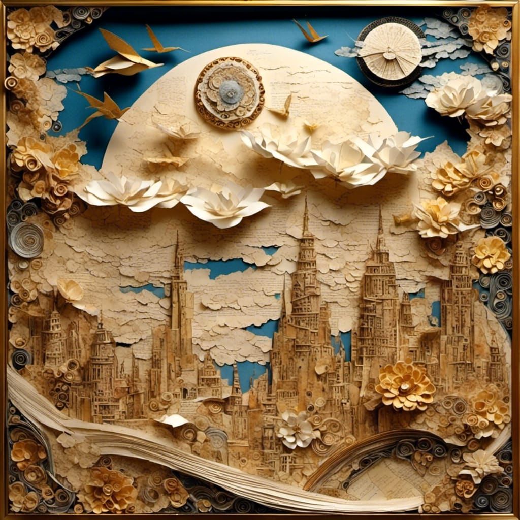Bright Sky City Collage with Origami Paper