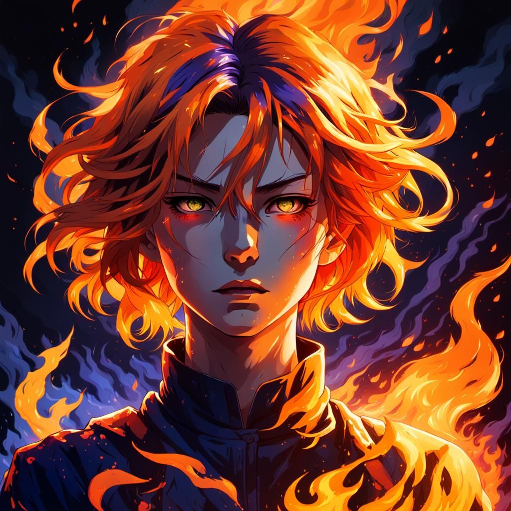 Fiery Anime Woman Portrait in Manga Style