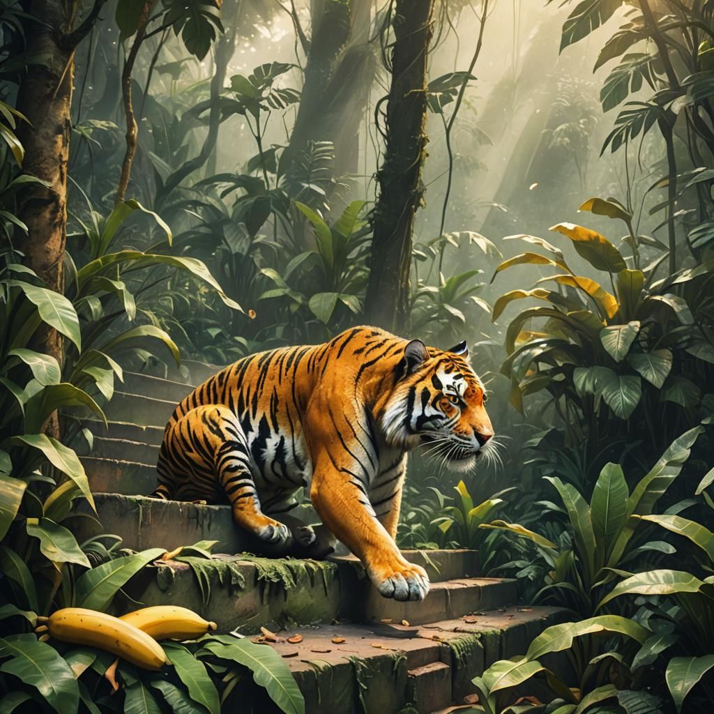 Tiger Eats Banana in Misty Jungle Watercolor