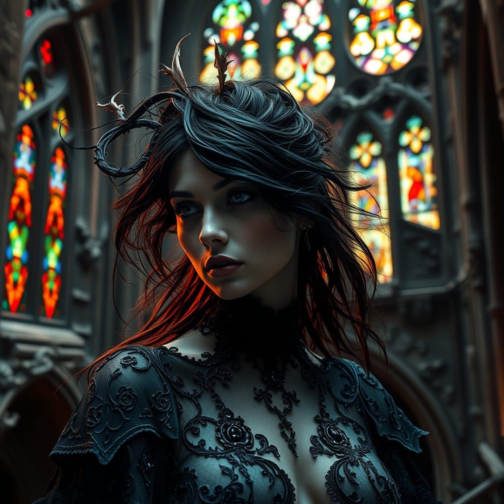 Gothic Woman Merging with Decaying Cathedral Architecture