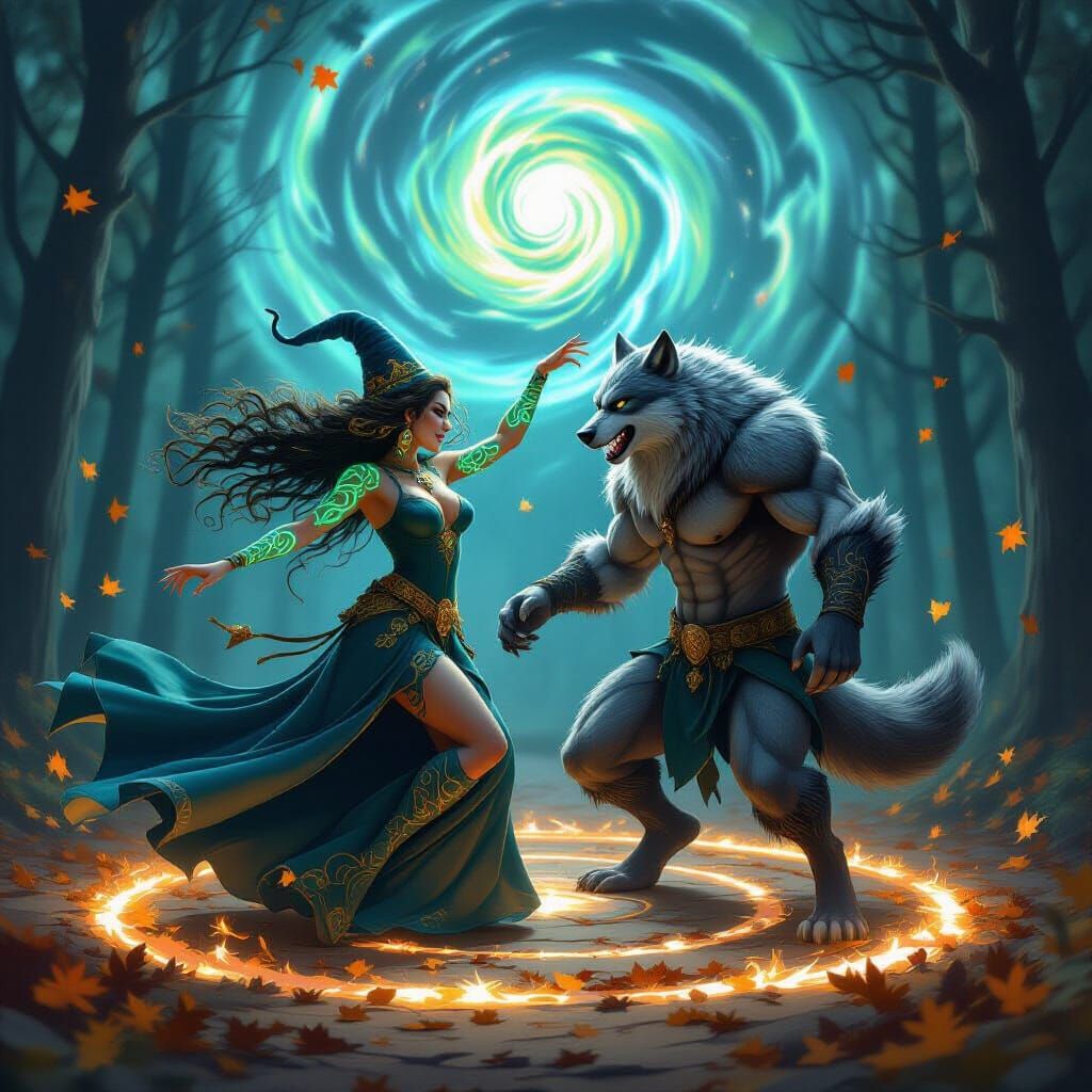 Witch and Werewolf Ritual Dance in Glowing Forest