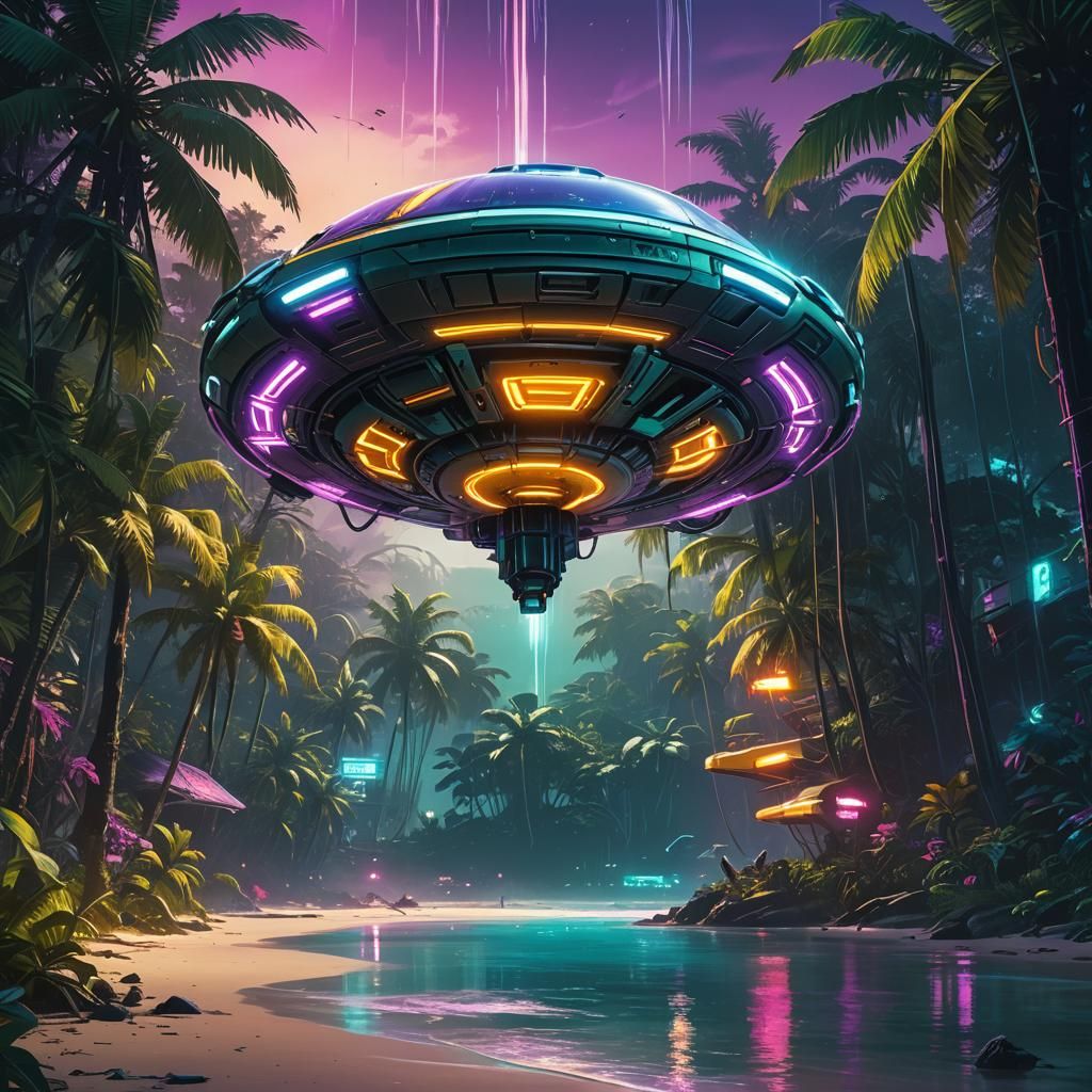 UFO Hovers Over Tropical Beach in Cyberpunk Style