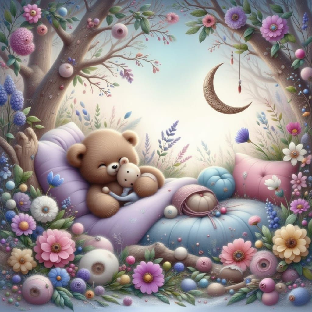 Sleepy Bear Snuggles in Treehouse Bed with Toy