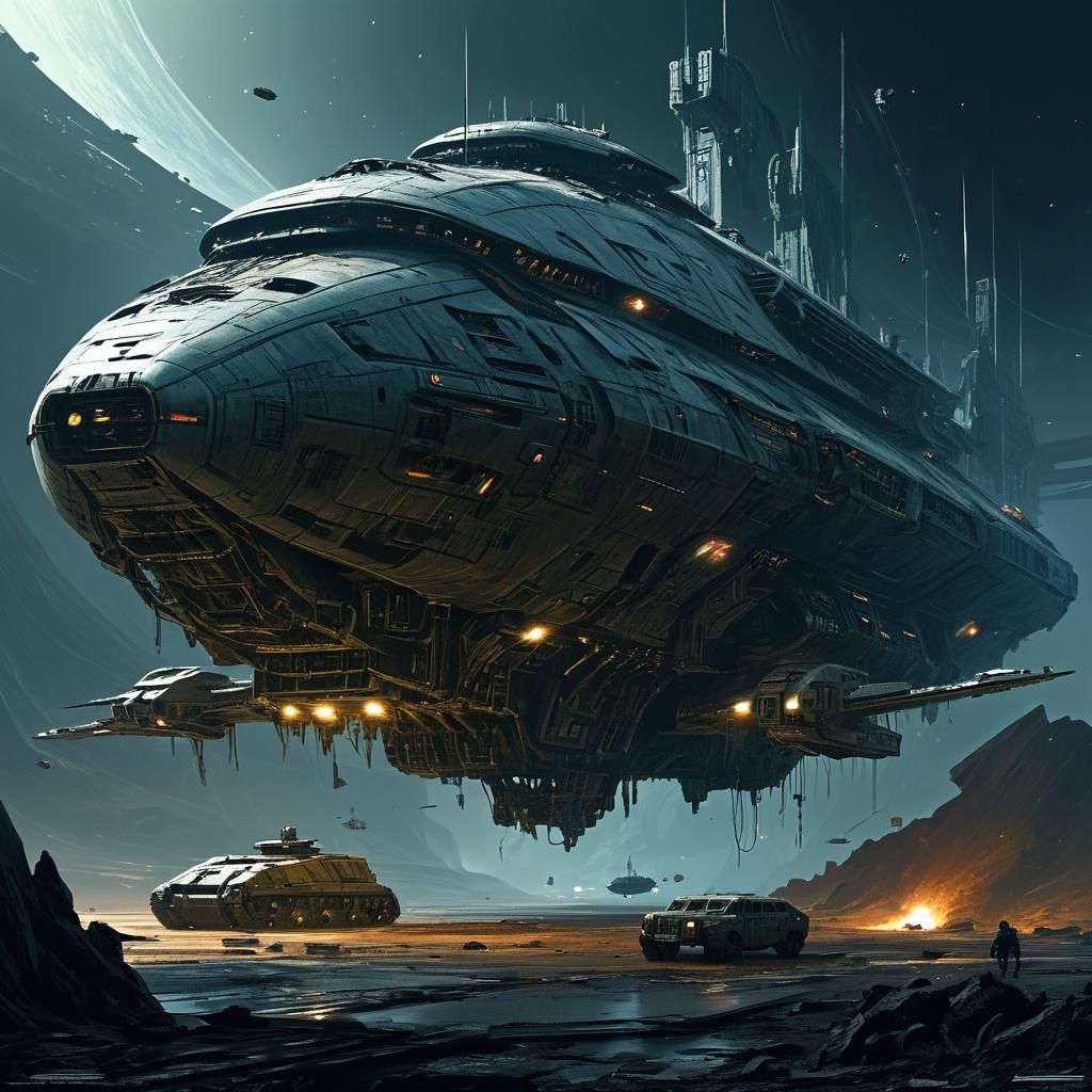 Gothic Futuristic Warship in Cosmic Vastness