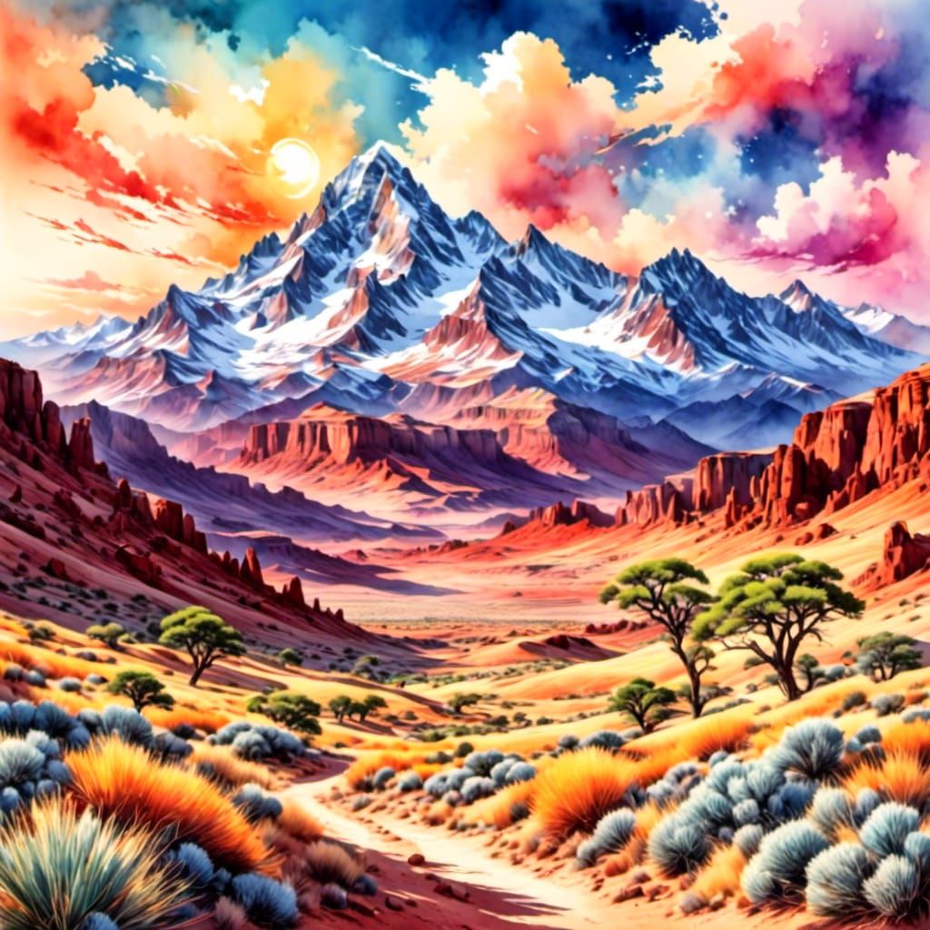 Desert Valley with Snow Peaks in Watercolor Style