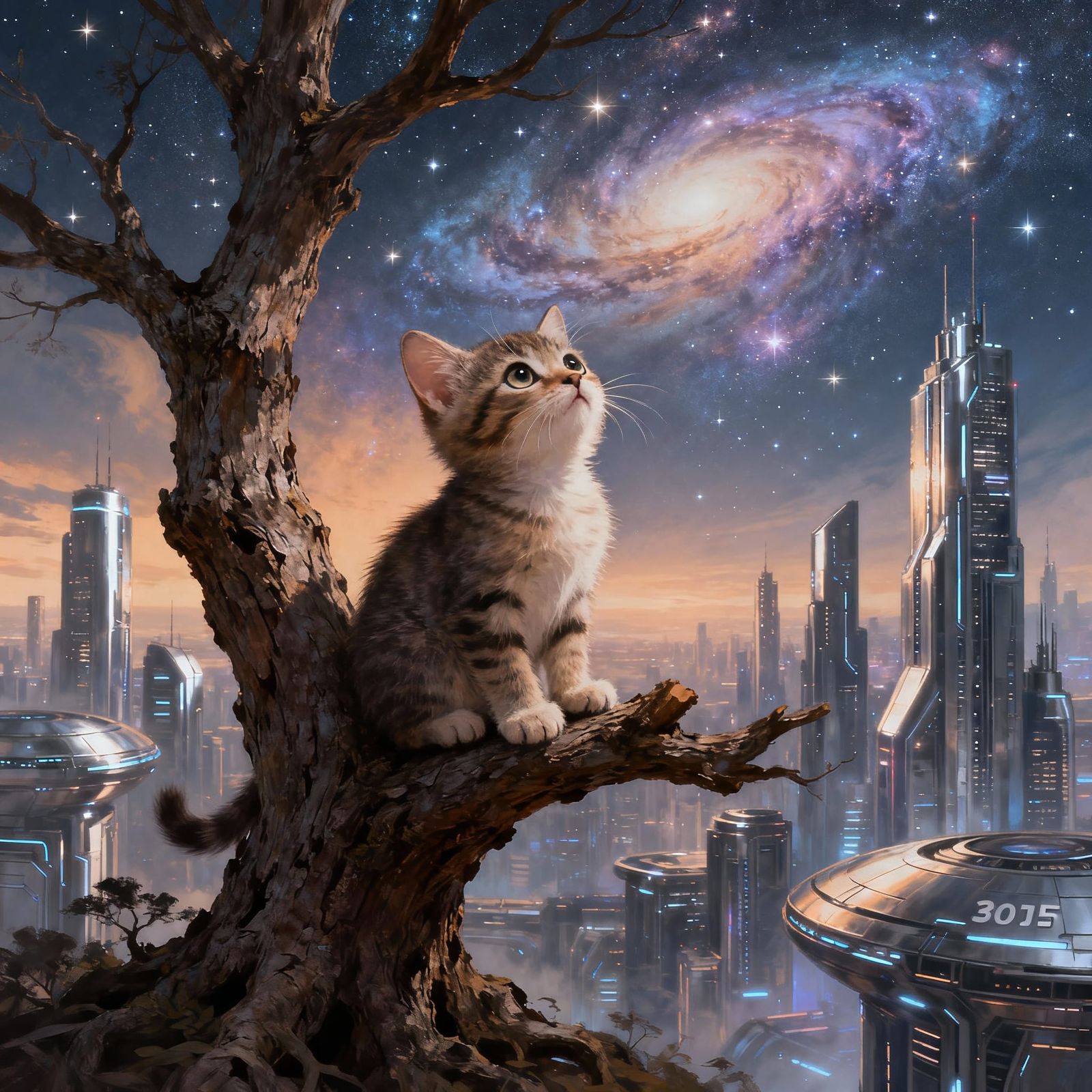 Kitten Gazes at Starry Sky from Ruined 3015 City