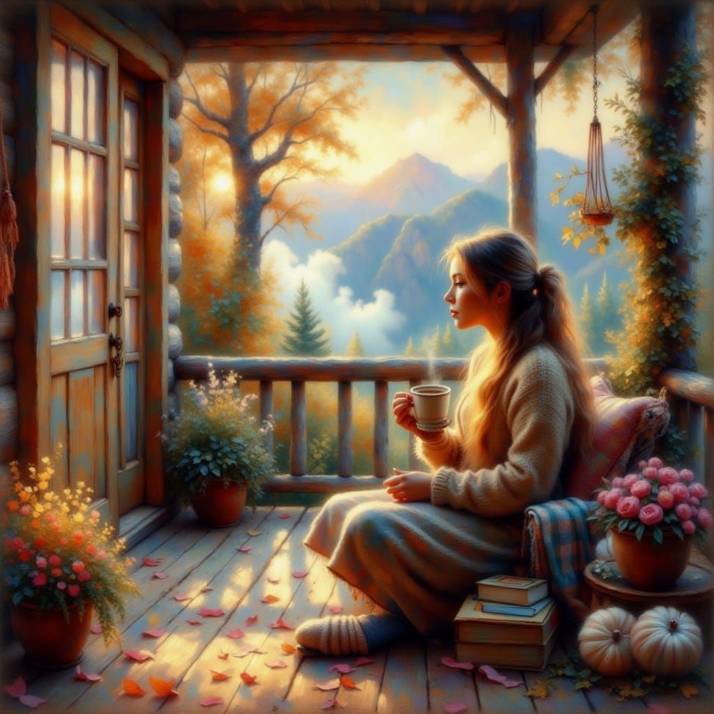 Cozy Cabin in Morning Light, Ethereal Landscape