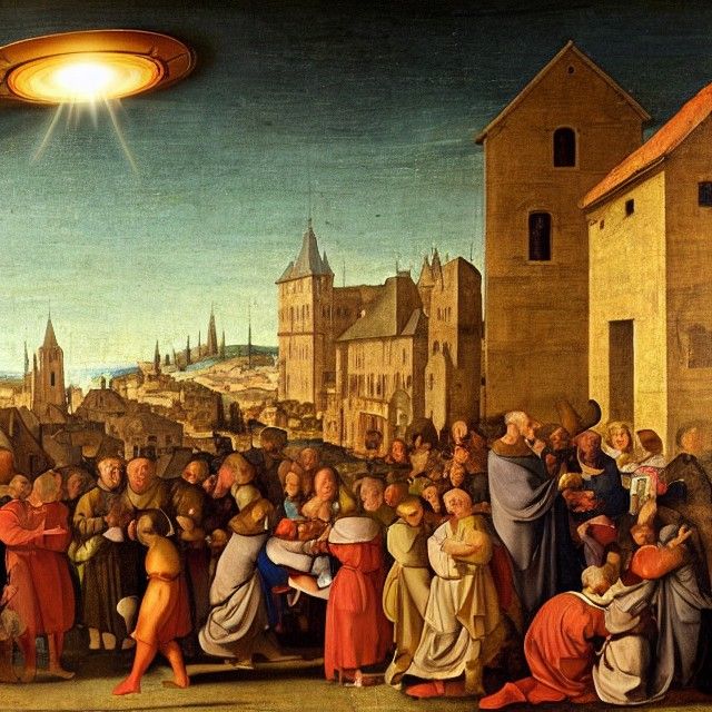Flying Saucer over Medieval Town: Renaissance Painting