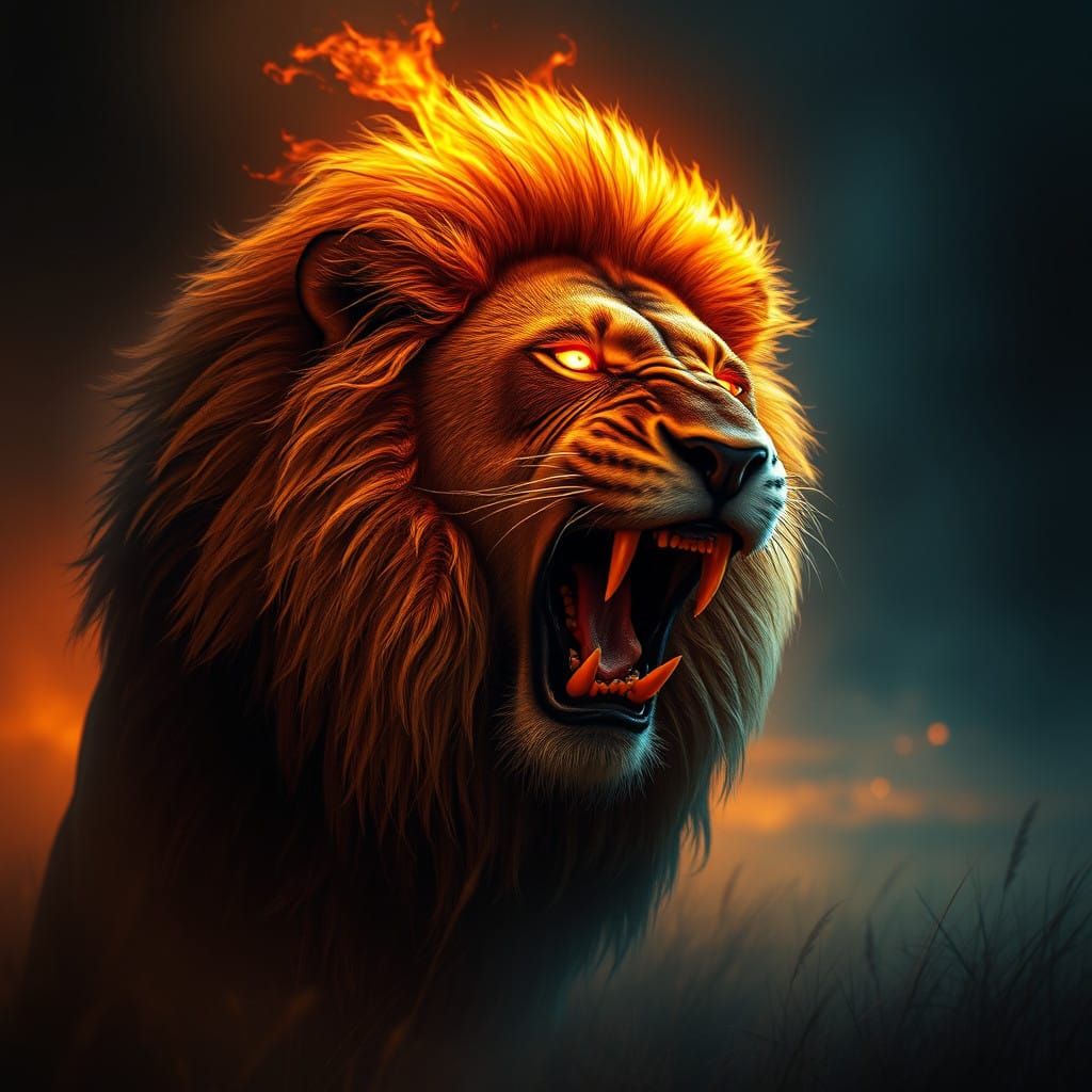 Lion in Golden Embers, Savannah Sunset