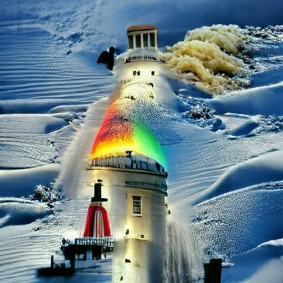 Lighthouse in Snowy Landscape with Rainbow