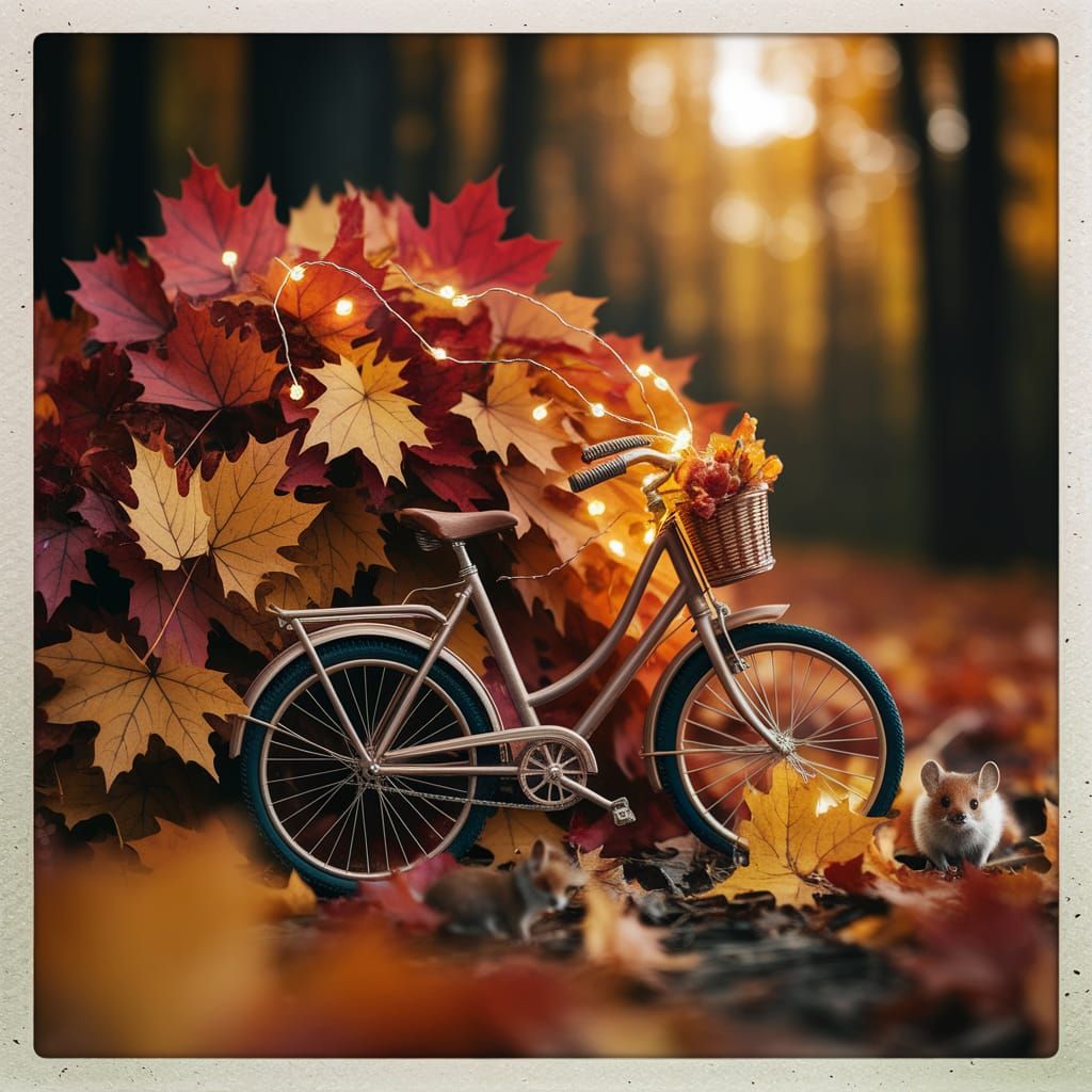 Detailed Miniature Bicycle in Autumn Leaves with Fairy Light...