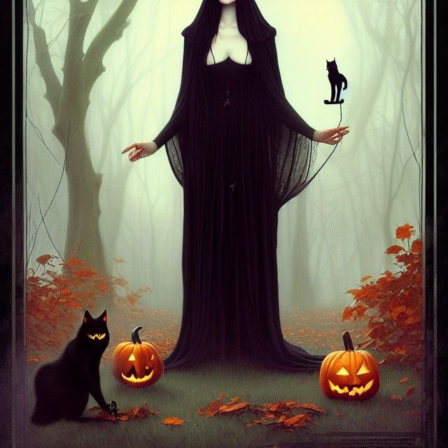 Halloween Queen with Black Cat in Art Nouveau Style