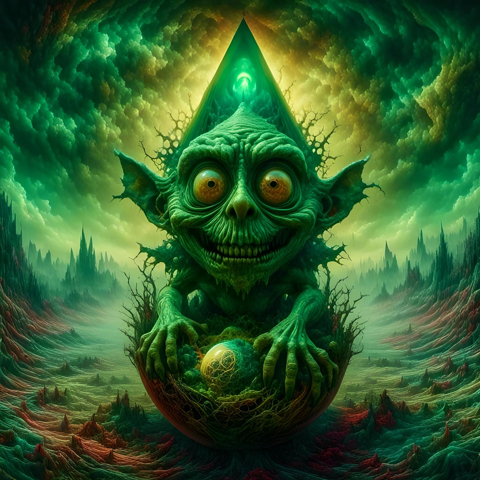 Surreal Demon Goblin Emerges in Chromatic Landscape