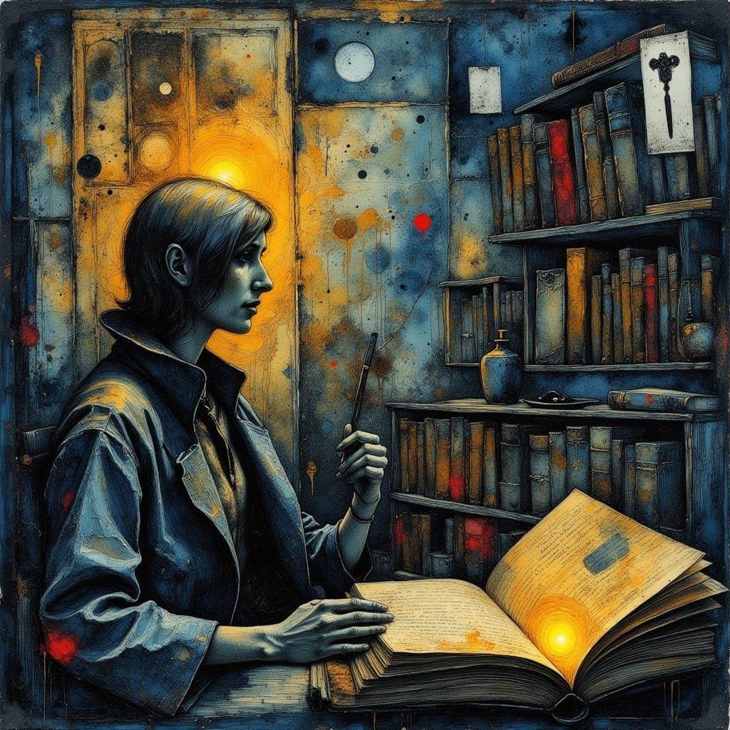 Introspective Scholar in The Mind's Library: Impasto Ink