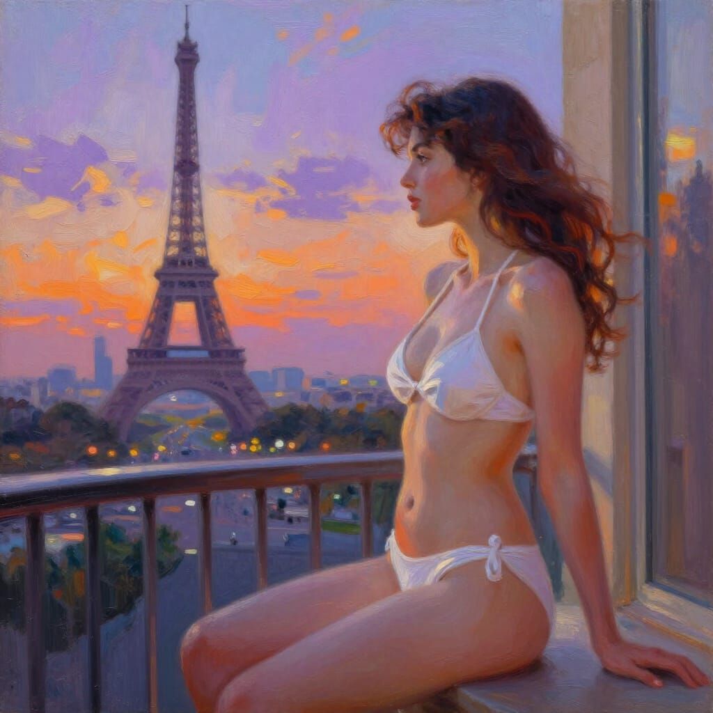 Impressionist Painting of Woman on Balcony Overlooking Eiffe...