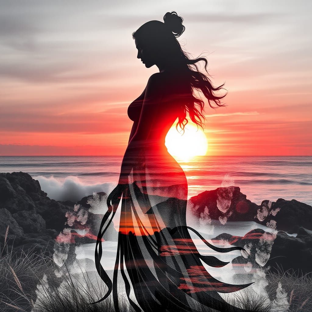 Goddess Silhouette with Sunset Coast in Double Exposure