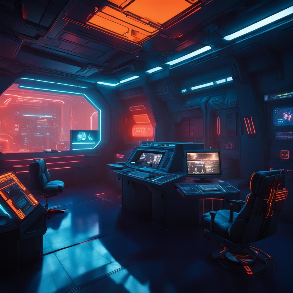 Cyberpunk Control Room on Spaceship in Neon Light