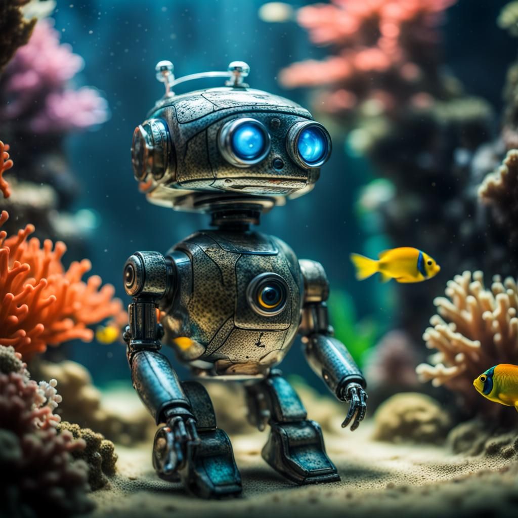 Adorable Robot in Aquarium with Fish and Coral