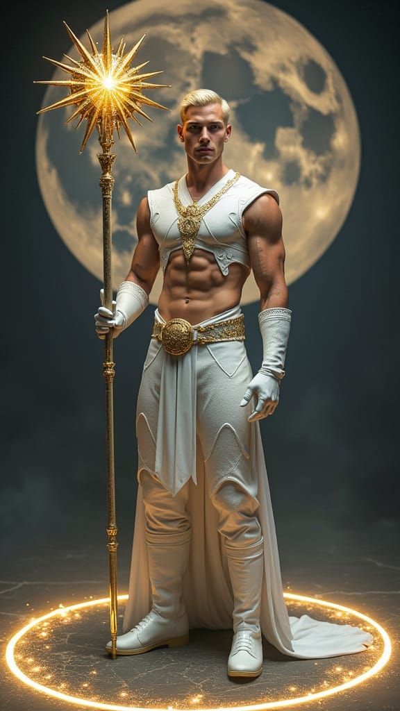 Handsome Moon Mage with Magic Staff, Photorealistic