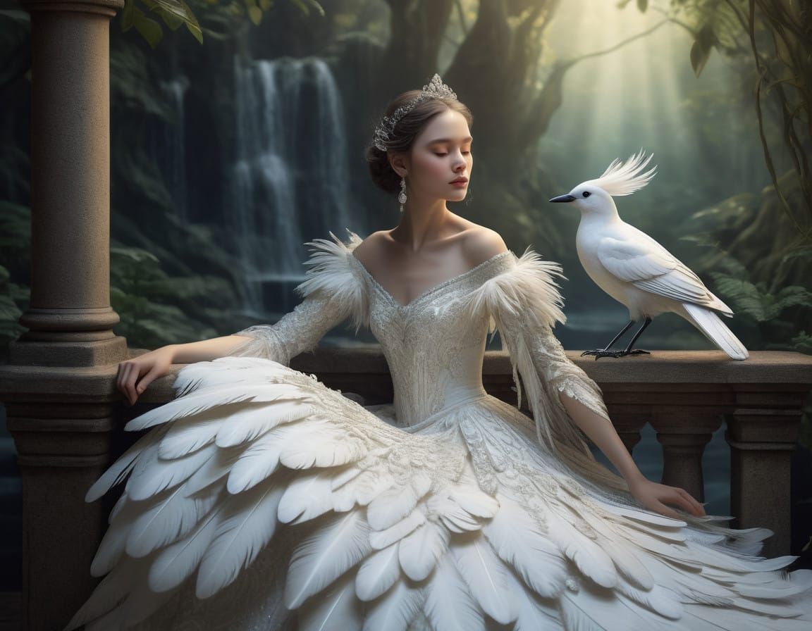 Ethereal Lady Amidst Feathered Splendor