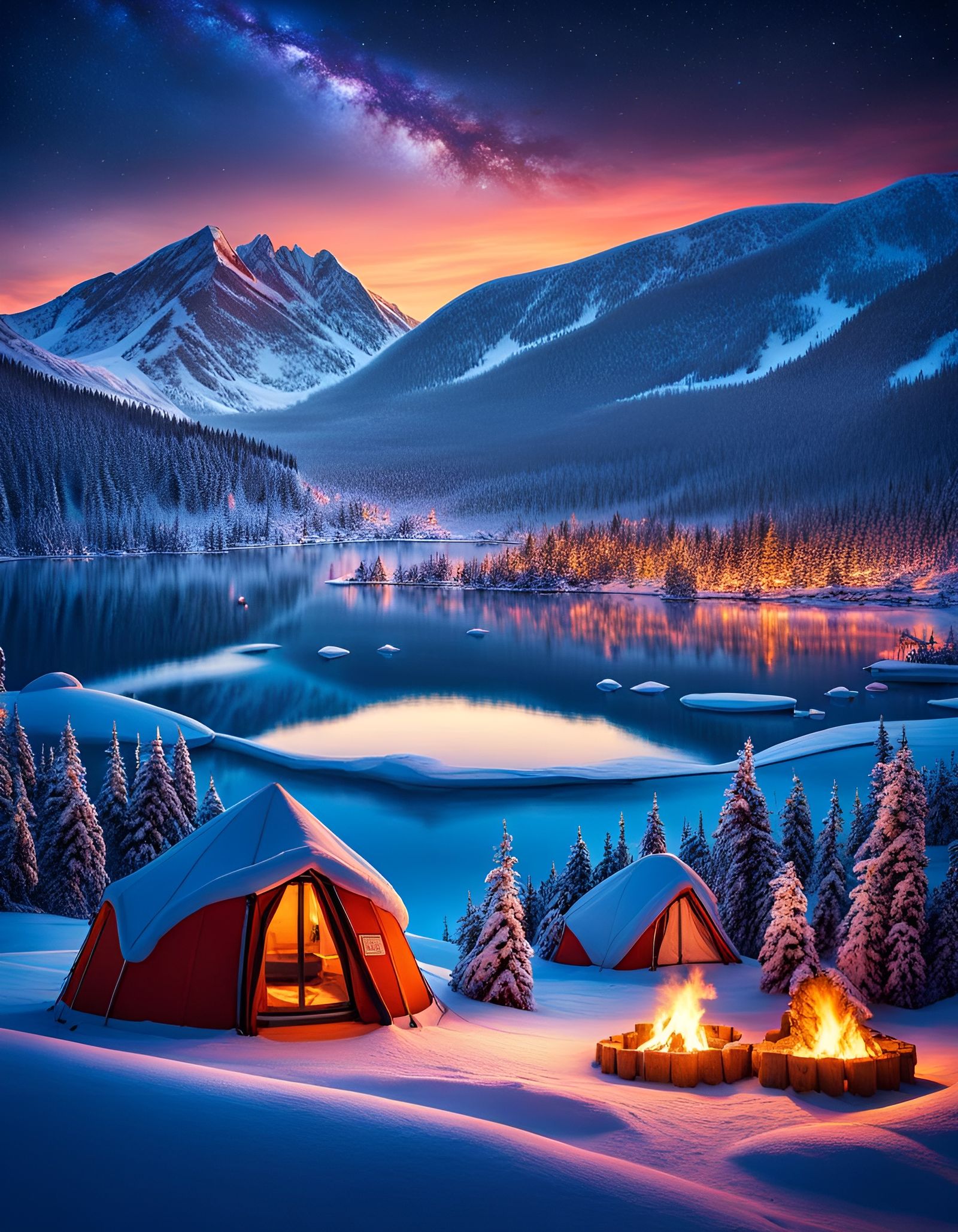 Twilight Ski Camp on Frozen Lake, Maximalist Style