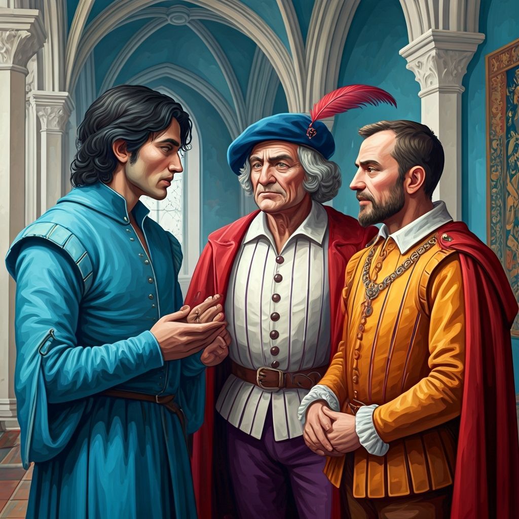 Medieval Lords Discussing in Blue Hallway with Columns