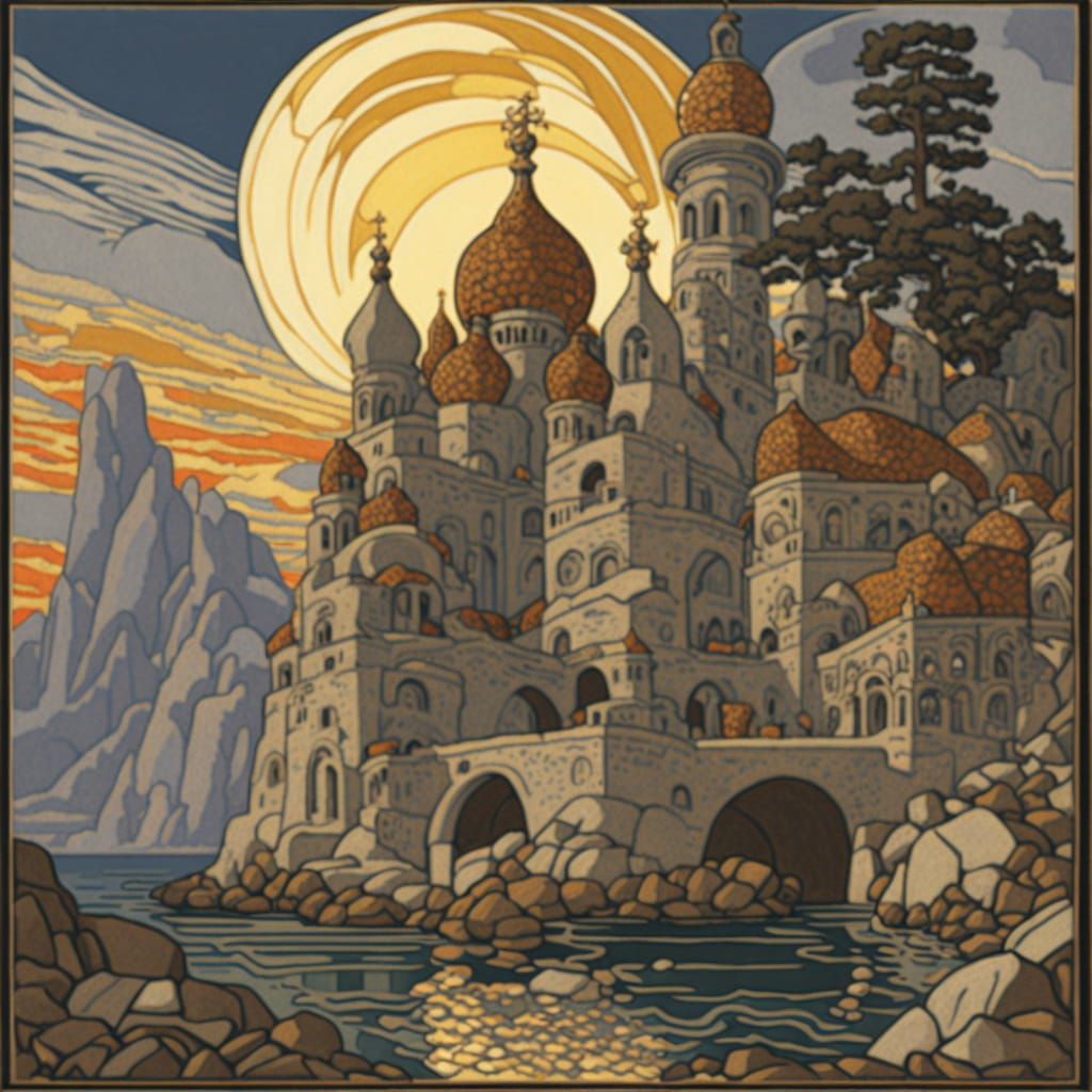 Lost City Ruins Under Otherworldly Sky in Art Nouveau Style