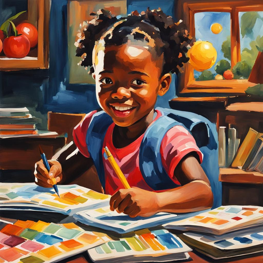 Black Child Learns About Finance in Gouache Style
