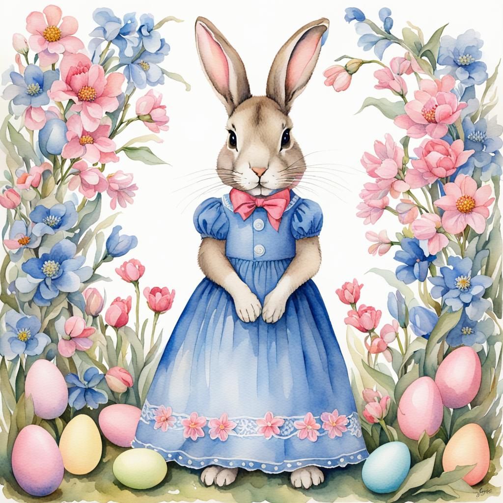 Vintage Easter Bunny in Watercolor with Spring Flowers
