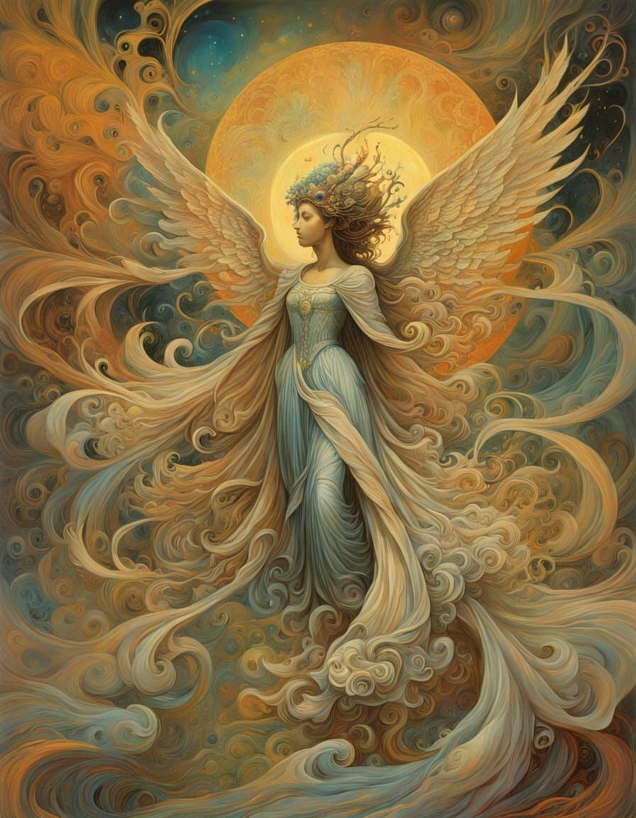 Rococo Masterpiece. An ethereal, robed figure with delicate, luminescent wings and an aura of soft, pulsing light glides...