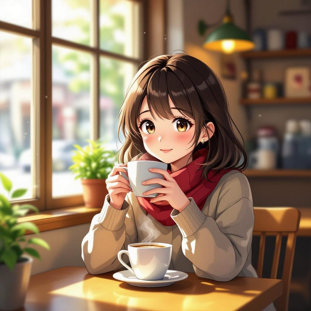 Girl Enjoys Coffee in Cozy Cafe, Manga Anime Style