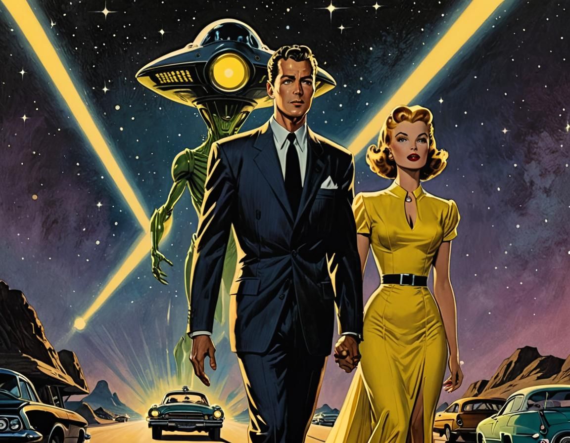 A man in a sharp suit and a woman in a flowing yellow 1950s ...