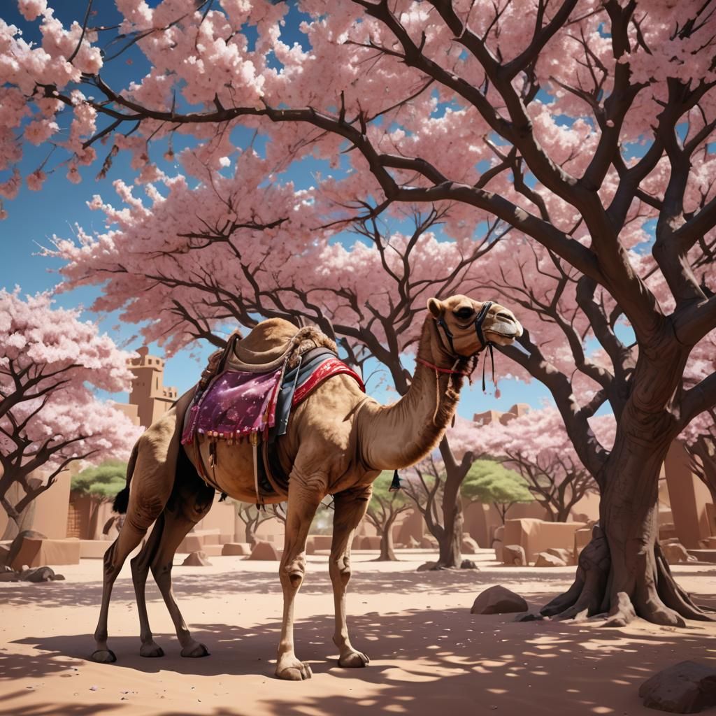 Camel Under Sakura Tree: 3D Anime Art