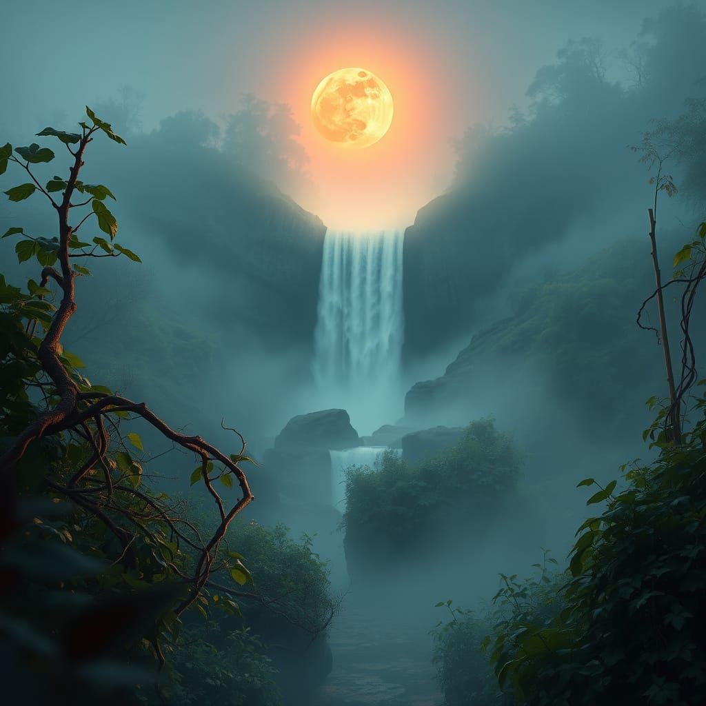 Moonlit Waterfall Oasis in Vibrant Colors