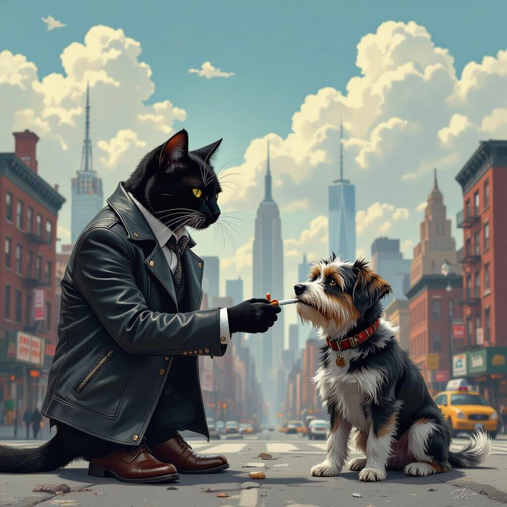 Noir Cat Offers Cigarette to Dog in City