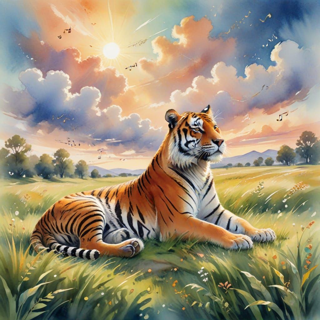 Vibrant Watercolor Tiger Resting on Grassy Plain