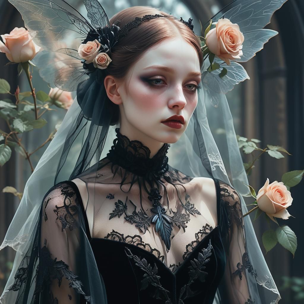 Romantic Gothic Portrait of Girl with Wings