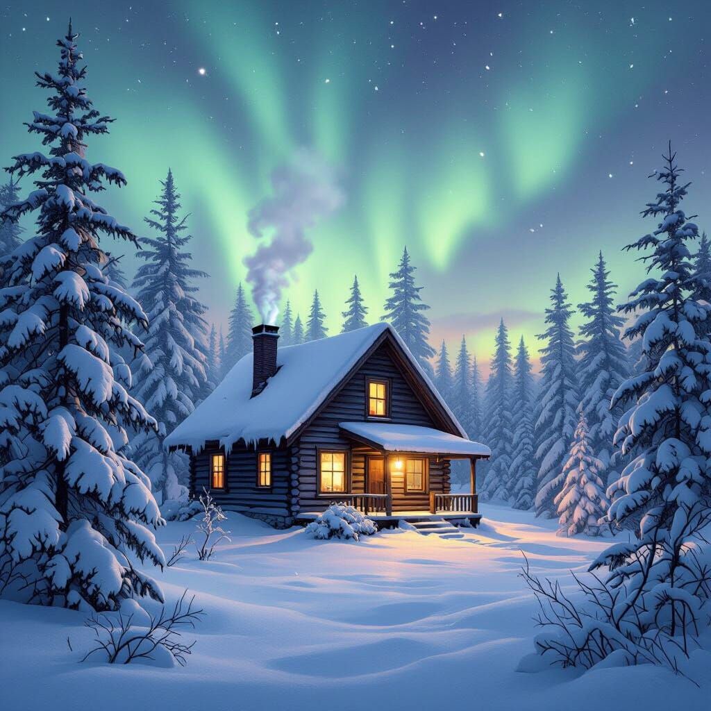 Ancient Cabin Under Aurora Borealis in Snowy Forest